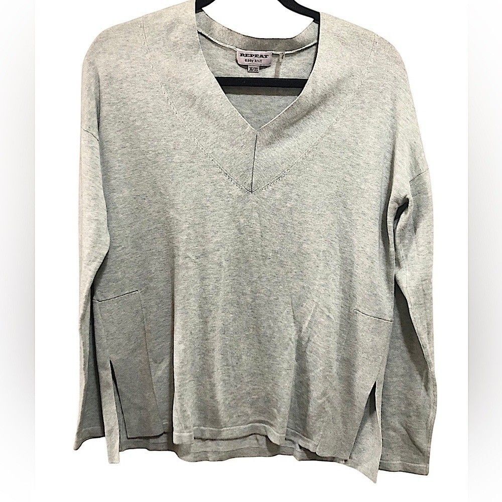 REPEAT Cashmere Easy Knit V-Neck Sweater XS Grey Cotton Viscose Side Slit 400331